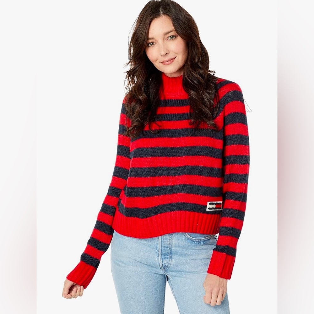 Tommy Jeans Women’s XL Red and Black Mock Neck Stripe Sweater